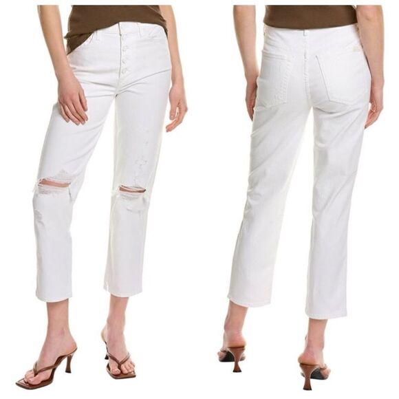 NWT 7 For All Mankind Distressed High-Waist Crop Straight Button Fly in White 32 - Picture 1 of 14